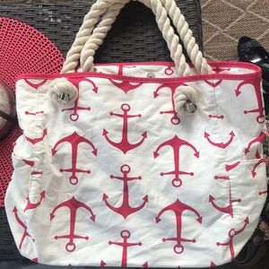 Red and White Anchor Beach Tote Bag